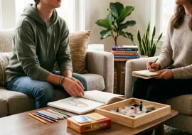 Teen boy talking with therapist during play therapy session, using sand tray and art materials for adolescent counseling